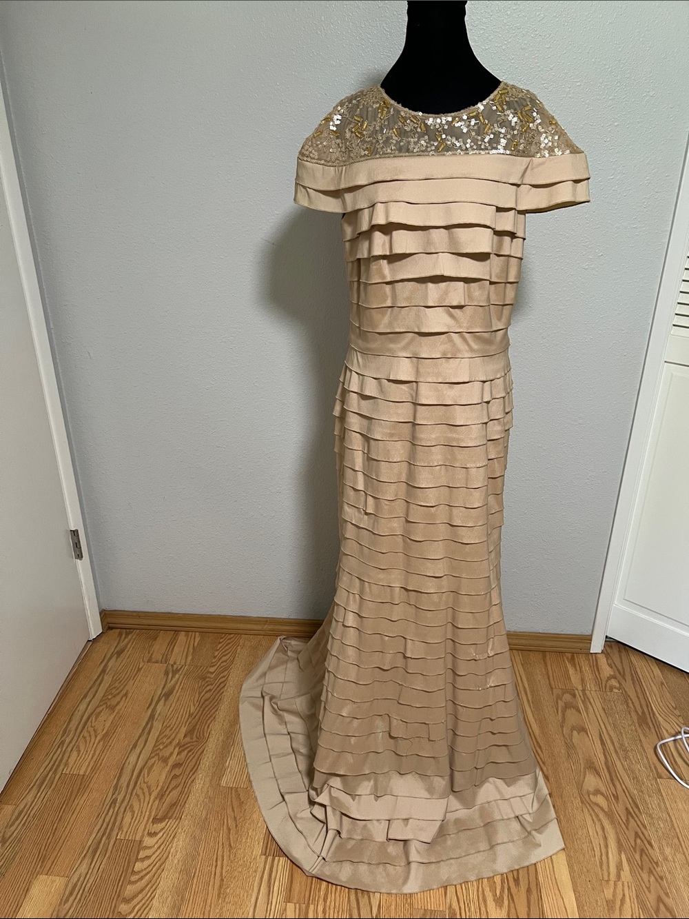 Elegant Beige Sequin Yoke Layered Evening Dress